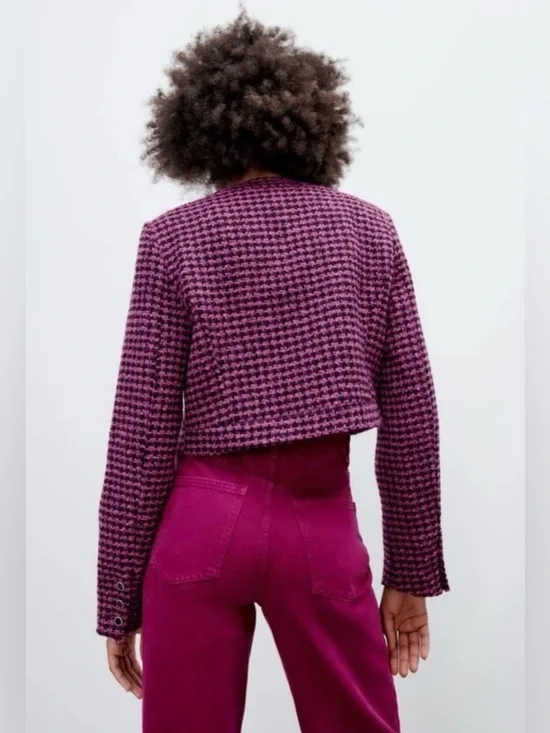 NWT ZARA Pink Houndstooth Cropped Fitted Tweed Jacket/ Blazer. Size M - Picture 4 of 14